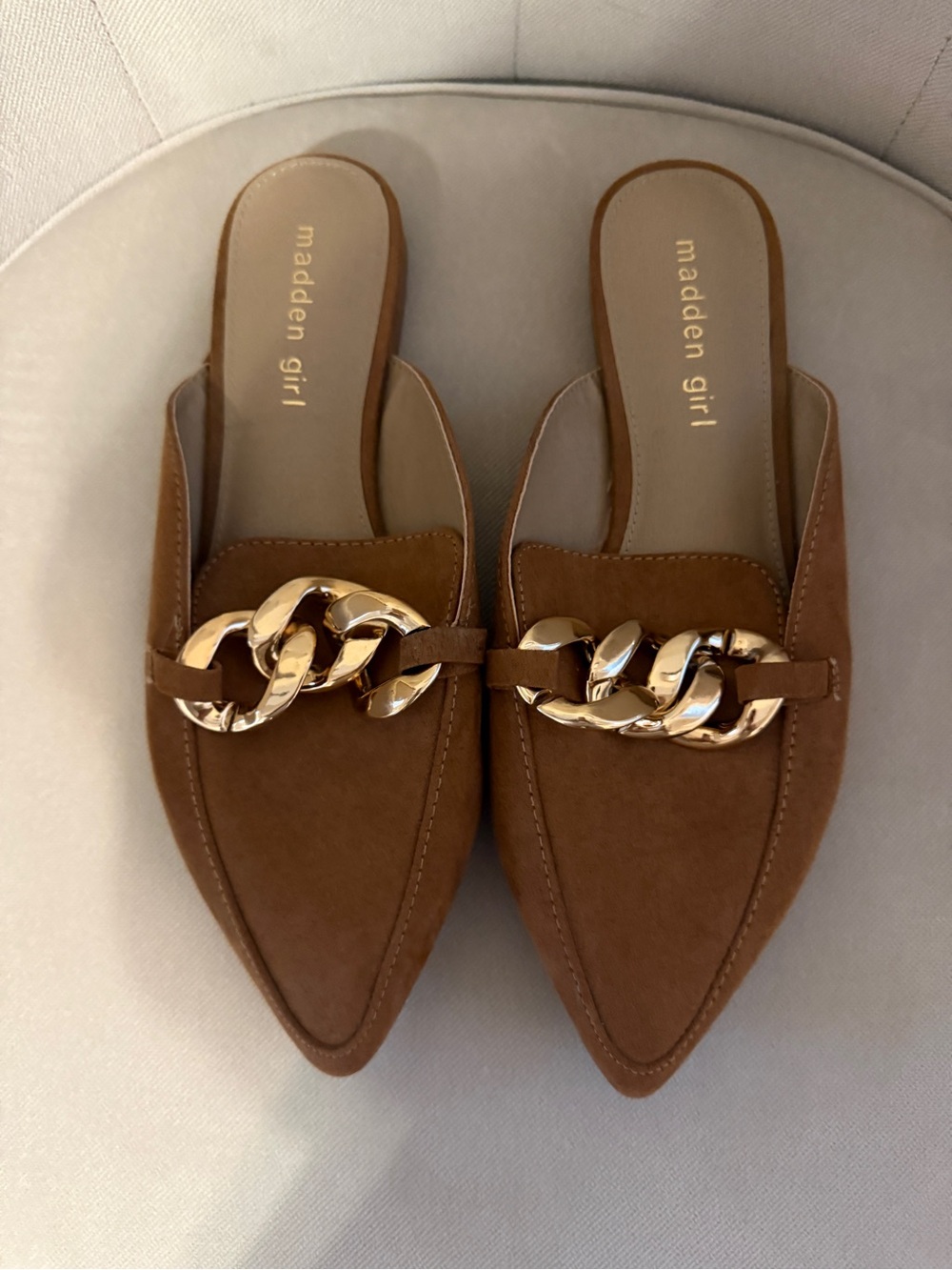 Madden Girl Tan Pointed Mule with Gold Chain Accent